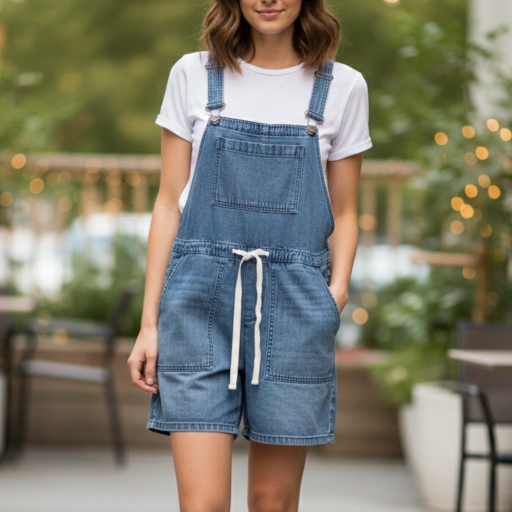 LOFT Women's Blue Denim Overall Short with Drawstring Waist. Size XS